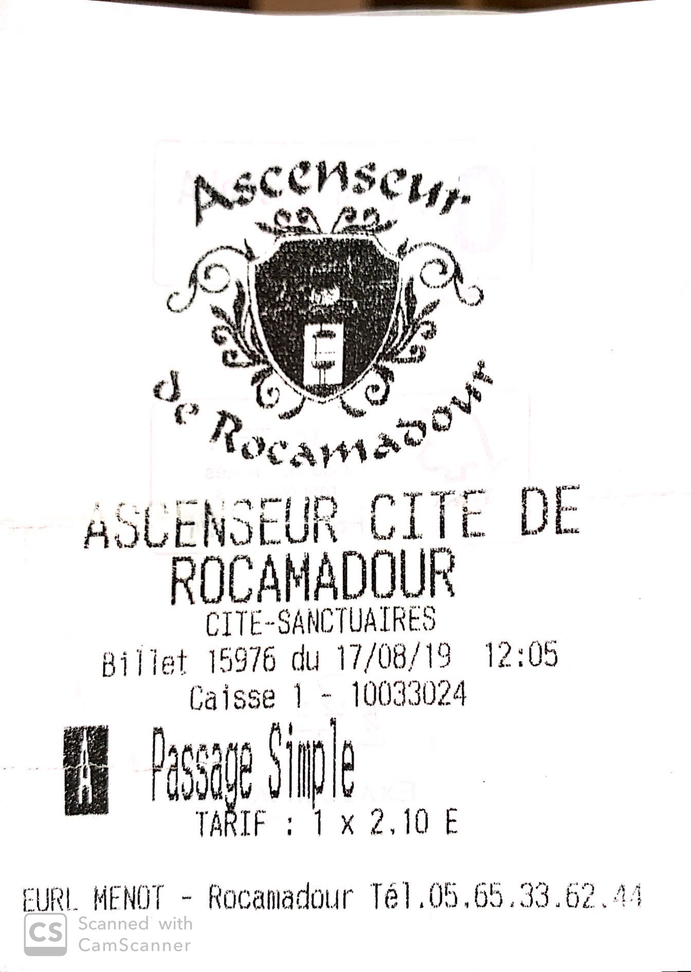 Billete del Ascensor de Rocamadour